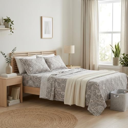 Image of Linen Home Cotton Percale Flat Bedsheet Set Queen Size Damask Brown