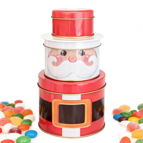 UIKTSSL Caixas de presente com tampa para presentes, caixa redonda para bolachas, decoração de caixa de Natal, caixas de presente empilháveis, joias, pequenos aperitivos (1, Pai Natal)