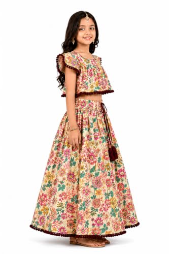 Image of Girls Floral Printed Crop Top and Lehenga Skirt Set