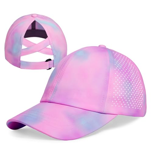 Girls Criss Cross Ponytail Baseball Cap Reflective Quick Dry Hat Kids Cooling Mesh Outdoor Sports Hat for Age 3-12