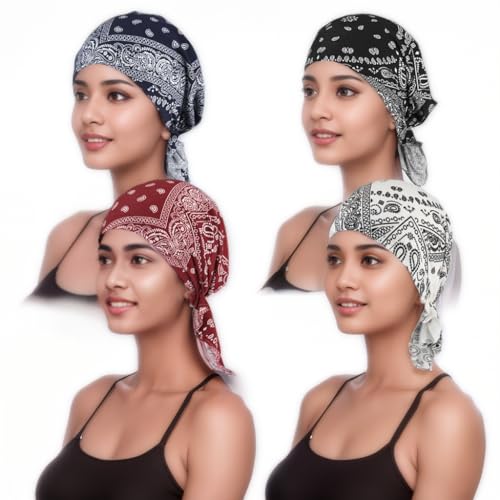 4 Pieza Pre-Atado Turbantes Oncologicos, Turbantes Para Mujer, Imprimir Pañuelo Cabeza, Islámica Musulmana Turbante Headgear, Chemo Headscarves Para Las Mujeres
