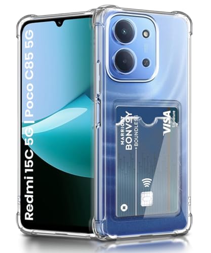 Image of WOW IMAGINE Transparent Back Cover Case for Mi Redmi 15C 5G | Poco C85 5G 2025 | Flexible Built-in Slim Card Pockets Wallet | 360 Camera Protection TPU | Soft Silicone Mobile Cover - Transparent