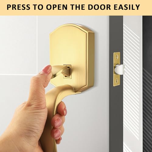 Image of Probrico Front Door Handle,Brushed Gold, Heavy Duty Exterior Door Handle with Reversible Lever, Satin Gold Entry Lock Grip Handle with Wave Lever, Keyless Door Locks in Camelot Look, 1Pack