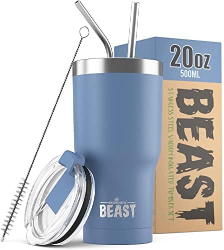 Beast Tumbler - 550 ml (20 oz), Aqua Blue | Reusable Stainless Steel, Vacuum Insulated Cup | with + 2 Straws & Cleaning Brush | Double Wall Travel Flask Perfect for Hot or Iced Coffee | BPA Free