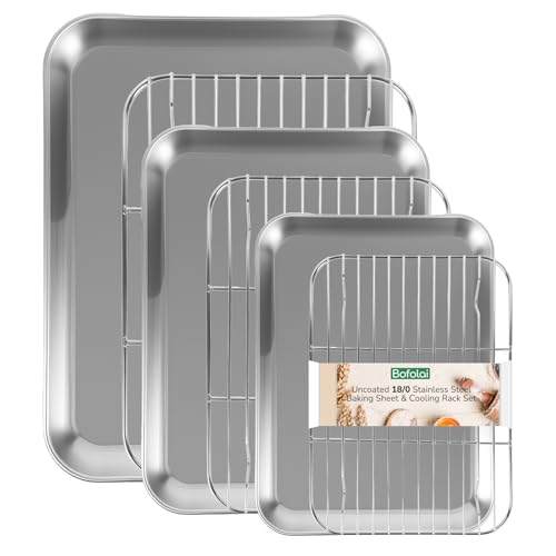 Bofolai 18/0 Stainless Steel Baking Sheet with Cooling Rack, Oven-Safe Non-Toxic Cookie Sheets for Baking, Set of 6, Coating Free & Rust Resistant for Healthy Family Baking, Easy to Clean, Heavy-Duty by Bofolai - Used condition - US$33.99