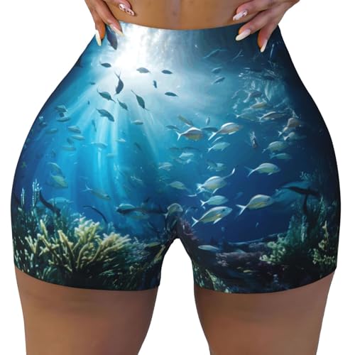 Submarine World Pattern Sports Shorts, high Elastic Slim Fitness Pants, Suitable for Yoga/Leisure/Daily wear