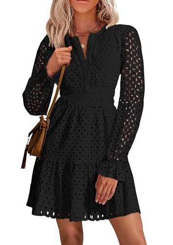 PRETTYGARDEN Women's 2025 Long Sleeve Mini Dress Eyelet V Neck A Line Casual Elegant Holiday Wedding Guest Party Dresses