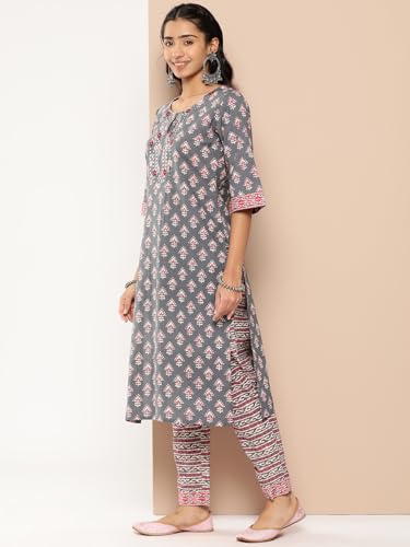 Image of Libas Yellow Yoke Design Cotton Straight Kurta with Trousers & Dupatta