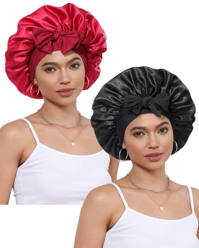 2 Pcs Satin Sleep Bonnet for Women, Elastic Tie, Curly Hair