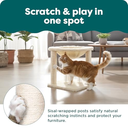 Image of FurHaven 17.3 inch Tall Cat Scratching Post Tower for Indoor Cats, Sisal Cat Tree, Tiger Tough Hammock Interactive Playground, Toys & Perches for Cats, Sisal, Cream