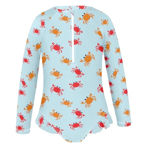 Simple Cute Crab Girls One Piece Rash Guard Swimsuit Kids Bathing Suit with UPF 50+, Girls Long Sleeve Swimwear for 3-12Y2