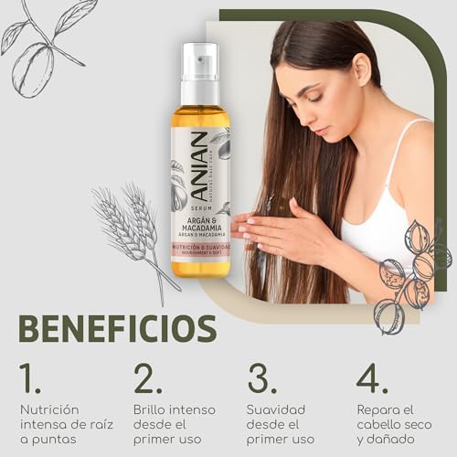 ANIAN - Sérum Argán, Macadamia y Trigo, 100 ml, para Pelo Seco y Dañado, Nutrición y Suavidad, Intensifica el Brillo del Cabello, Sella las Puntas, Nutre e Hidrata en Profundidad - imagen 4