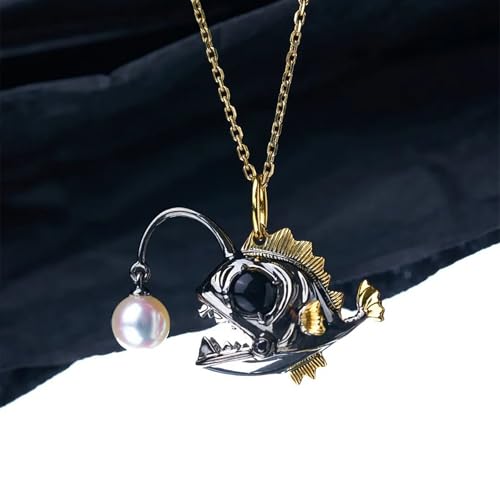 Hi Pearl Necklaces for Men Women Unisex Angler Fish Necklace Small Lantern Fish Pendant Choker Necklace Freshwater Natural Pearl Lure, 18 Inches with Extender3