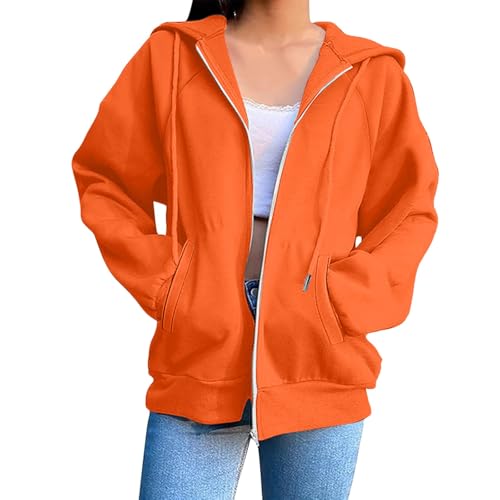 UXSELKCD Jacke Damen Kapuzenpullover Frauen Baumwolle Long Loose Fit Freizeit Sport Reißverschluss Jacke (a-Orange, XL)