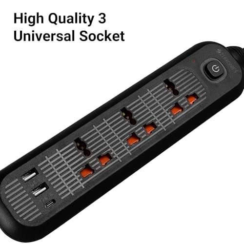 Image of ZEBRONICS Power BAR 132, Extension Board /Strip, 2000 Watts, 10 Amps, 1x Type C Port, 3X Universal Socket, 2X USB Port, LED Indicator, On /Off Switch, Wall Mountable, 3 Meter, Black