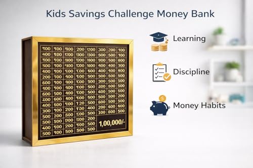 Image of Dr.MASHUR Wooden Money Saving Challenge Box with Printed Amount Board for Cash and Coin Collection, Reusable Saving Box for Kids and Adults (1lakh Money Box, 1, Count)