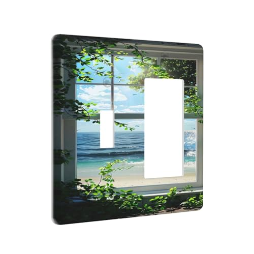 Decorative Outlet Covers Window Beach Seascape View Green Leaves 2 Gang 1 Gang Wall Plate Cover Single Toggle Rocker Combo Light Switch Cover Plate Face Plate for Bathroom Decor