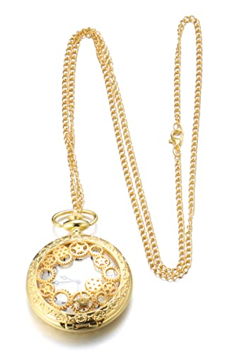 Image of Halukakah Men's Pocket Watch with Chain Quartz Vintage Gearwheel Pattern Roman Numerals Scale,with 2 Chains Set Pocket Chain+Necklace,Free Giftbox