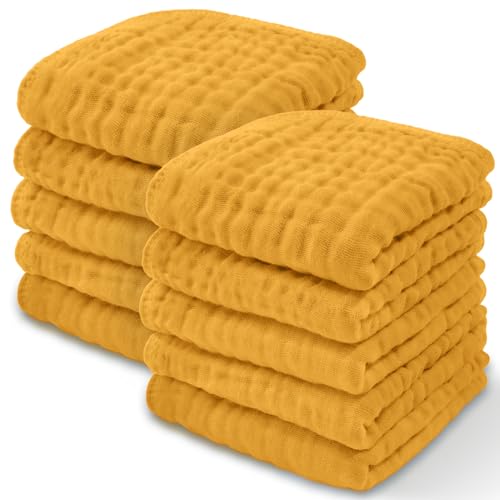 Image of Comfy Cubs Muslin Baby Washcloths 10 Pack - Soft 6-Layer Cotton Wash Cloths for Sensitive Skin - 10"x10" Large, Gentle, Absorbent Infant Essentials for Newborn and Toddlers - (Tumeric)