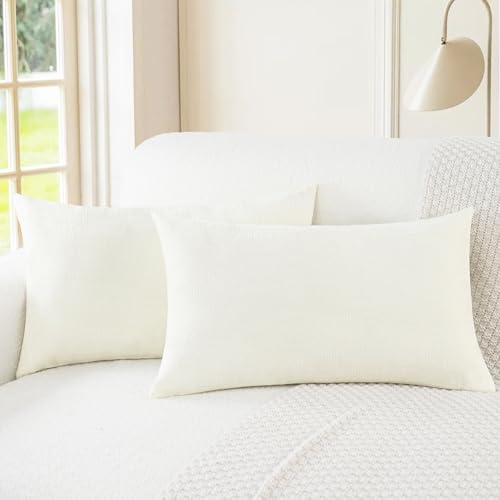 Image of CaliTime Pack of 2 Cozy Bolster Pillow Covers Cases for Couch Sofa Home Decoration Solid Dyed Soft Chenille 12 X 20 Inches Cream