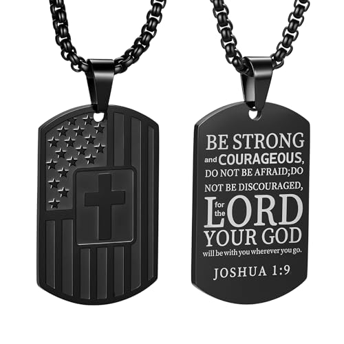Dog Tag Cross Necklace for Men, 22+2 Inches American Flag Stainless Steel Bible Verse Pendant Chain Religious Patriotic Jewelry Gifts