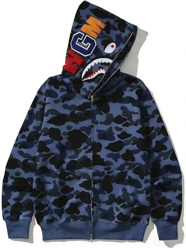 RICK TOP ONE Camouflage Hoodie with Shark Embroidery, Full Zip, Lightweight Couple Sweatshirt (US, Alpha, XX-Large, Regular, Regular, Blue)