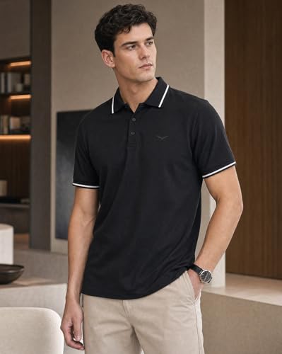 Image of NOBERO Men's Travel Polo T-Shirt | Premium Cotton Stretch Fabric | Anti-Odor & Water-Repellent | UPF 50+ Sun Protection | Regular Fit Polo Collar Casual Wear