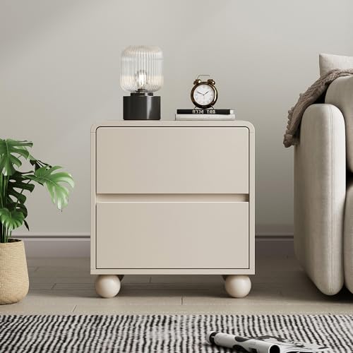 Image of MAISONARIA Curved Nightstand Set of 2, Modern Nightstand with 2 Large Storage Drawers, Wooden Endside Table for Bedroom, Beige