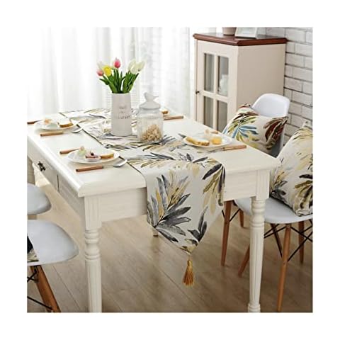 KnSam Table Runner, Table Runner, Modern Living Room Leaves with Tassels, Polyester Table Runner, Long Table Decoration, Gold, 32 x 160 cm Cover
