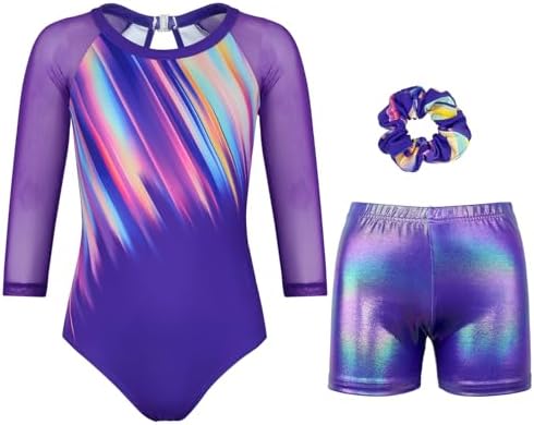 Gymnastics Leotards for Girls With Shorts Long Mesh Sleeve Set