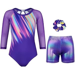 Gymnastics Leotards for Girls With Shorts Sparkly Ballet Dance Long Mesh Sleeve