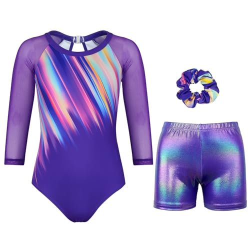 Gymnastics Leotards for Girls With Shorts Sparkly Ballet Dance Long Mesh Sleeve Multi-rainbow Set 12-13 Years