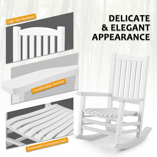 Hupmad Wooden Rocking Chair Outdoor Oversized Porch Rocker Chair,Patio Wooden Rocker with High Back and Armrest,All Weather Rocker Slatted for Backyard,Garden,400 lbs Support,White by Hupmad - Image 6