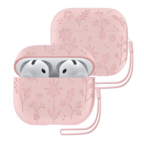 ECZOIL Incisione Cover Compatibile con AirPods 4, Fiori Modello Silicone Case con Corda in Silicone per AirPods 4th Generation-Rose