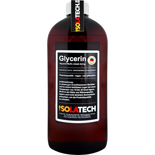 ISOLATECH Glycerin 99,5% 500ml Pharmaqualität made in Germany, gemessen 99,98% rein Pflanzlich, Glyzerin Glycerol flüssig transparent 500ml-Flasche (Inhalt 600g)