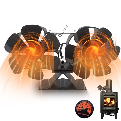 Ventilador para Chimenea - 12 Aspas Ventilador de Chimenea con Termómetro Magnético,Térmicamente Eficiente, Silencioso, Ventilador de Chimenea De Aluminio para Quemador de Leña,Estufa,Chimenea