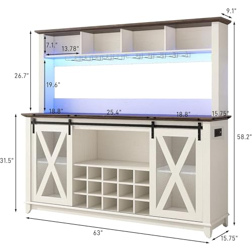 Image of 63 inchWide 58 inchH Farmhouse Coffee Bar Cabinet with Power Outlet and LED Light,Wine Bar Cabinet w / 4 Storage Hutch,Kitchen Buffet Cabinet with 15 Wine and Glass Racks for Kitchen Dining Room(Antique White)