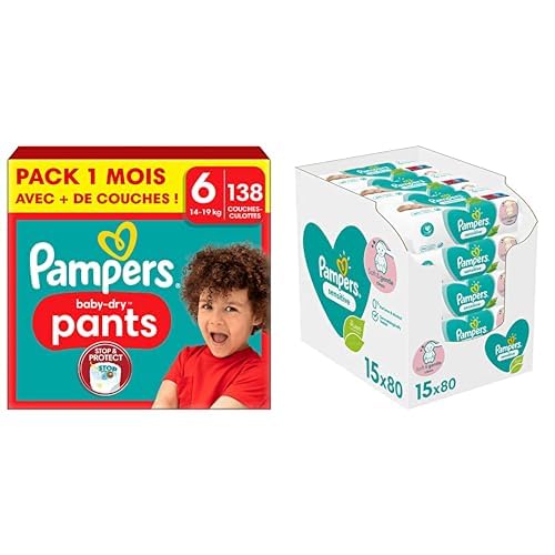 Pampers Baby-Dry Pants, Taille 6, 138 Couches-Culottes, 14-19kg, Pack 1 Mois + Pampers Sensitive, 1200 Lingettes pour Bébé (15x80), Sans Alcool ni Parfum, Certifié OEKO-TEX