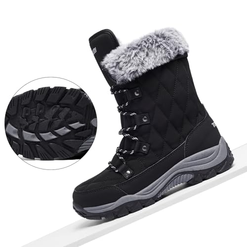 Women Snow Boots Lace up with Waterproof Warm Fur Lined Mid-Calf Outdoor Winter Boots Cold Weather Comfortable Boots for Women Size 6-113