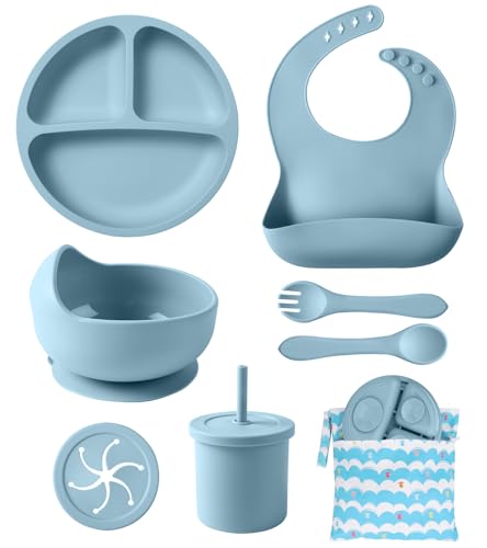 Image of Silicone Baby Feeding Set, 10 Pcs Baby Led Weaning Supplies with Suction Bowl Divided Plate Adjustable Bib Soft Spoon Fork Snack Cup with Lid Drinking Cup, Utensil (Blue)