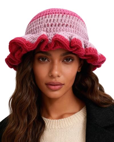 Image of Women Crochet Bucket Hat Cute Winter Ruffled Brim Floppy Cap Handmade Knit Cloche Hats