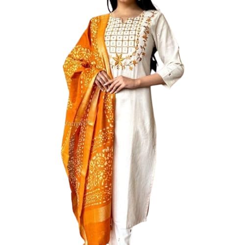 Khadi Cotton Embroidered Kurta Pant Set with Chanderi Dupatta-picture-31