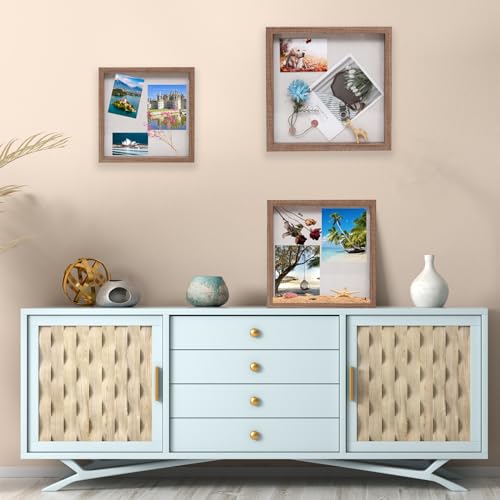 Image of Muzilife 8x8 Shadow Box Picture Frame with Linen Board - Deep Wood & Glass Display Rustic Case Ready to Hang Memorabilia, Pins, Awards, Medals, Wedding, Tickets, and Photos, Carbonized Small