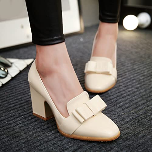 KISSASA Womens Patent Leather Chunky Heeled Bow Loafers Square Toe Block Heel Pumps2