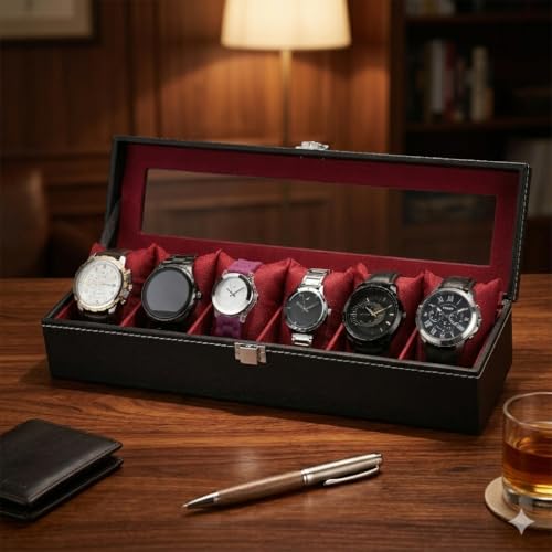 Image of Watch Box Organizer for Men and Women, 6 Slots, Leatherette, Black, Gift Box (Black::Maroon)