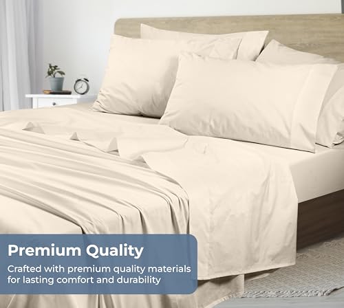 Image of ROYALE LINENS 100% Organic Cotton Full Sheet Set - Percale Weave - 4 Pieces Set - 1 Flat, 1 Deep Pocket Fitted Sheet and 2 Pillowcases - Cream Bed Sheets - Sabanas Full - Crisp Cool (Cream)