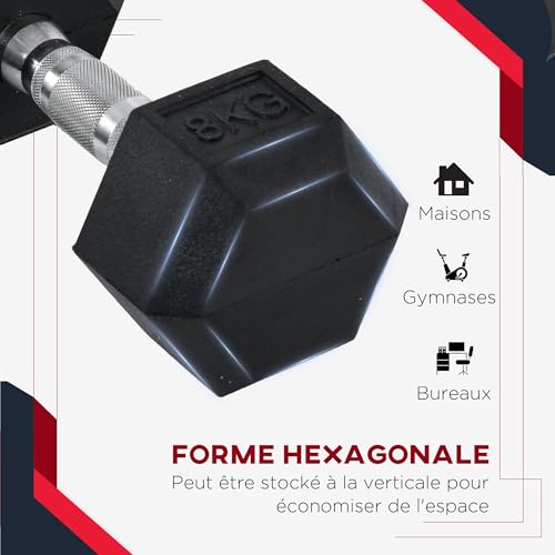 HOMCOM Ensemble d'haltères courtes total 2 x 4/5/6/8/10 Kg, haltères musculation fitness pour homme et femme, entraînement musculaire & haltérophilie - métal caoutchouc noir – Image 6