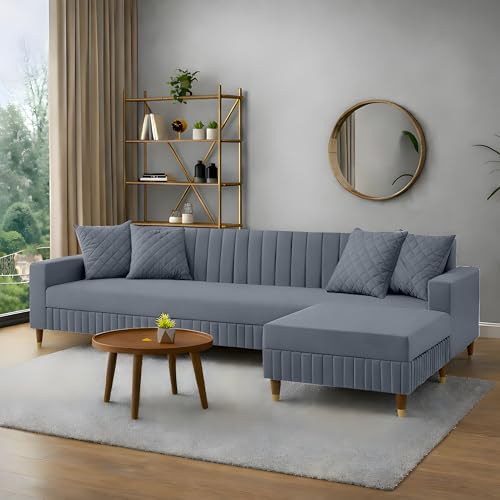 Image of AMATA Omega 4 Seater l Shape Light Grey Suede Velvet Fabric Sofa Set with Four Cushions Perfect for Home Office Guests Living Room (Omega Light Grey, L Shape 4 Seater)