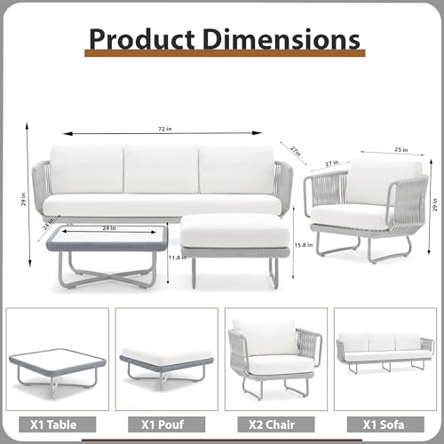 Image of Amazon Brand - Solimo Harbor Outdoor Rope Sofa Set | Balcony Sofa | Patio Conversation Sets | Braided Rope Garden Sofa Set and Table (5 Seater- Grey+Off White)