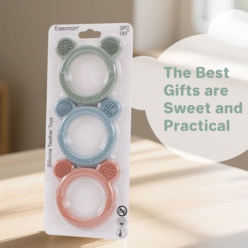 Eascrozn Baby Teething Toys Set of 3, Teethers for Babies 3-6 6-12 Months, BPA Free Soft and Textured Bear Teething Rings Silicone Teething Relief Soothing Sore Gums Baby Chew Toys